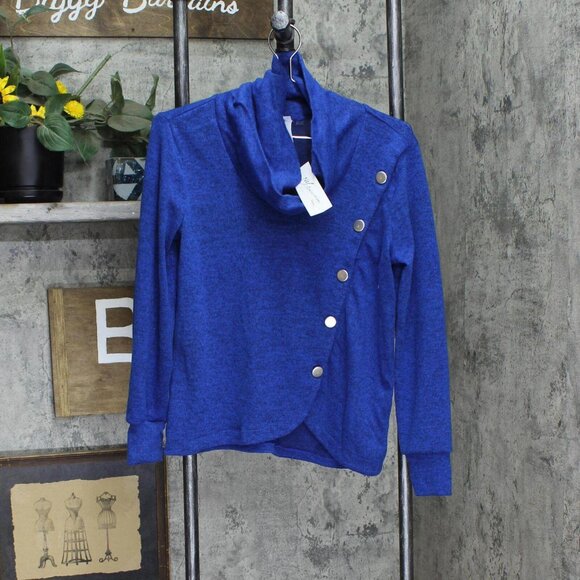 Ny Collection Womens Petites Asymmetrical Cowl Neck Button-Up Sweater Blue PS - Picture 1 of 5